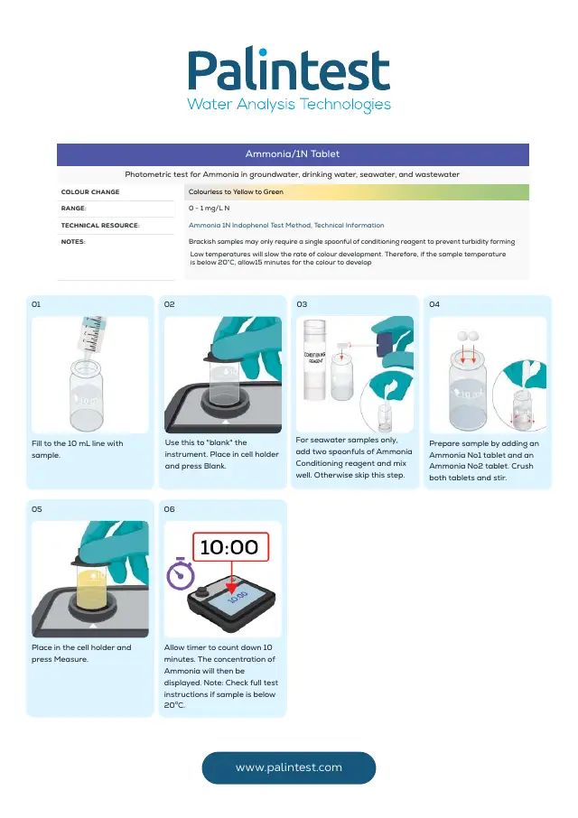 Palintest test instructions for Ammonia/1N (tablet), page 1