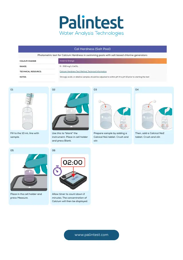 Palintest test instructions for Calcium hardness (salt pools), page 1