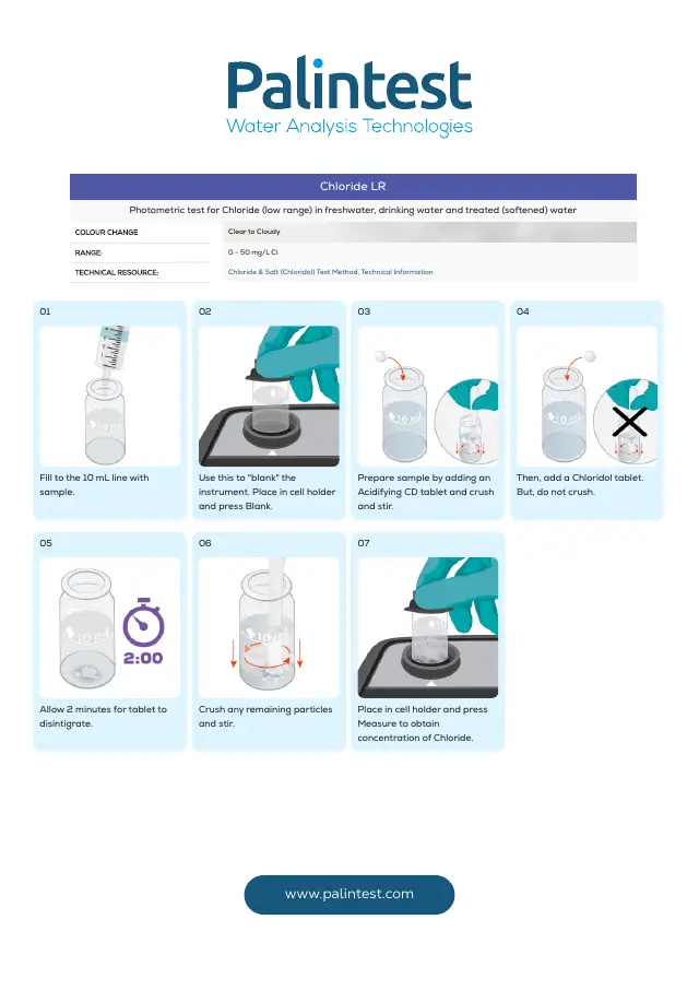 Palintest test instructions for Chloride, low range, page 1