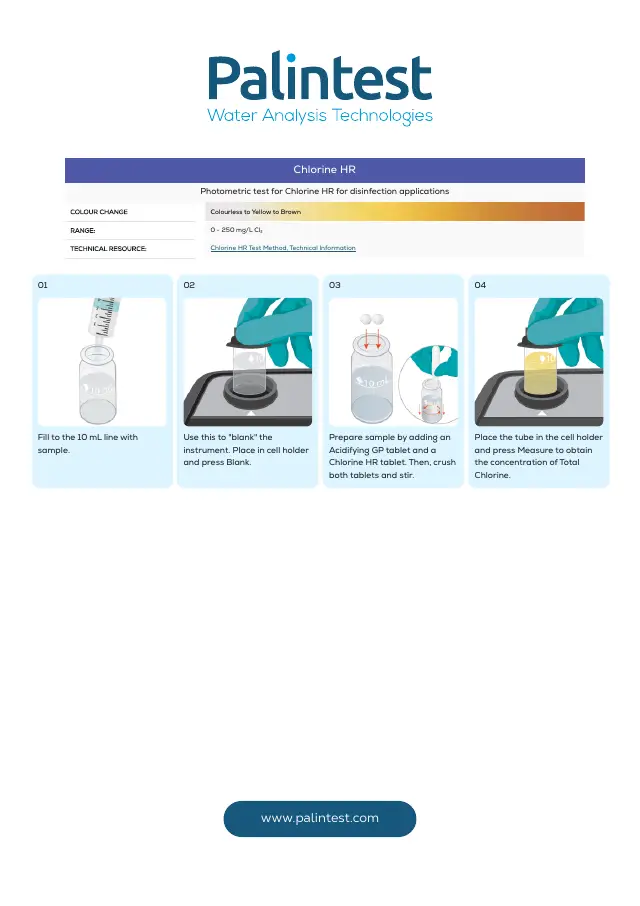Palintest test instructions for Chlorine, high range, page 1