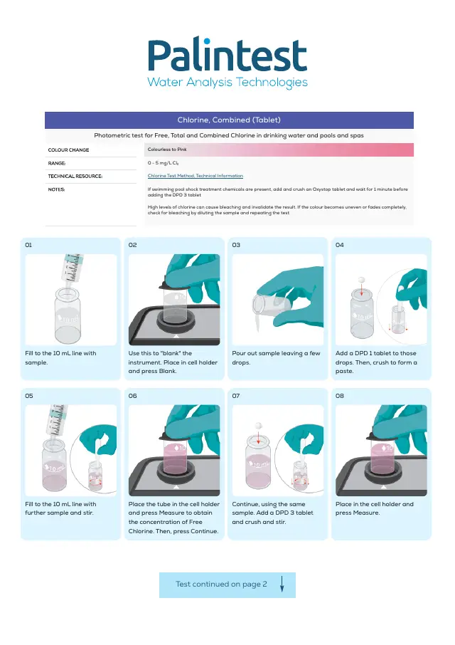 Palintest test instructions for Combined chlorine (tablet), page 1