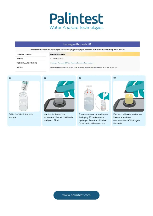 Palintest test instructions for Hydrogen peroxide, high range, page 1