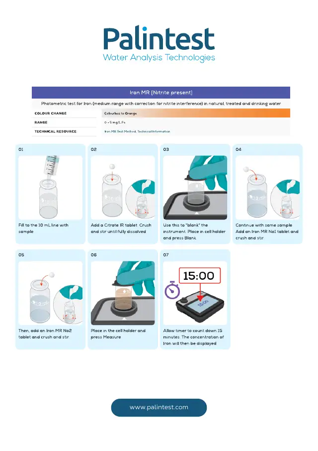 Palintest test instructions for Iron, medium range (nitrite present), page 1