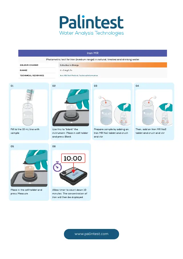 Palintest test instructions for Iron, medium range, page 1