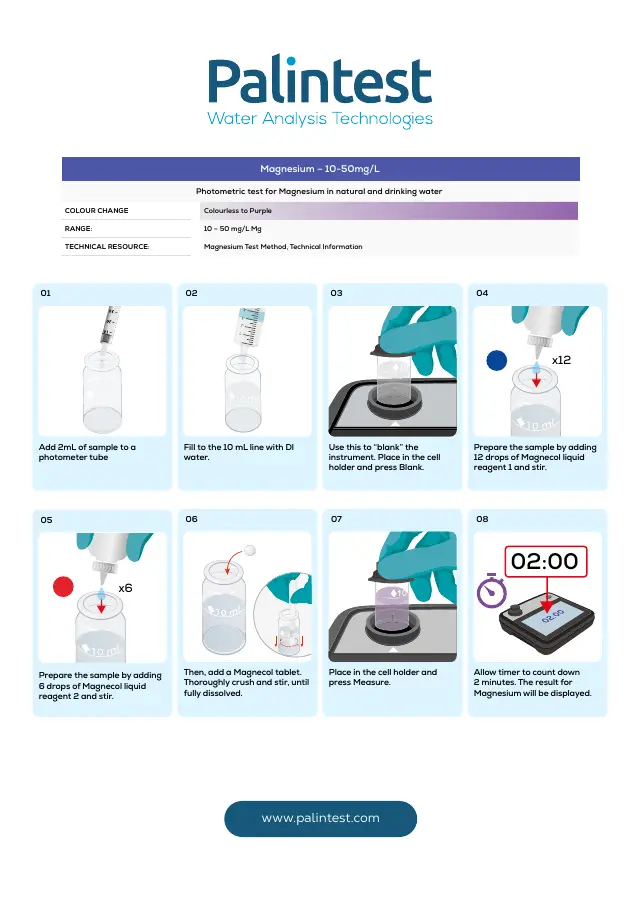 Palintest test instructions for Magnesium, 10 to 50 mg/L, page 1