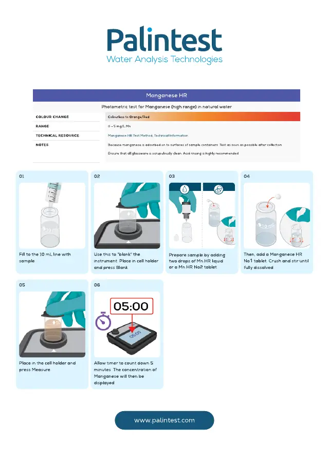 Palintest test instructions for Manganese, high range (liquid), page 1