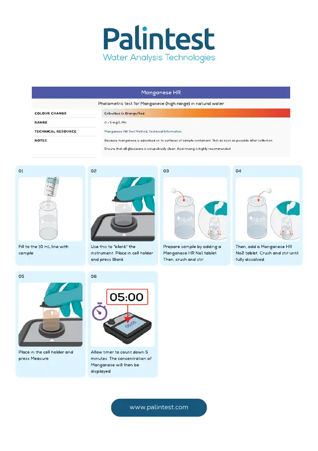 Palintest test instructions for Manganese, high range, page 1