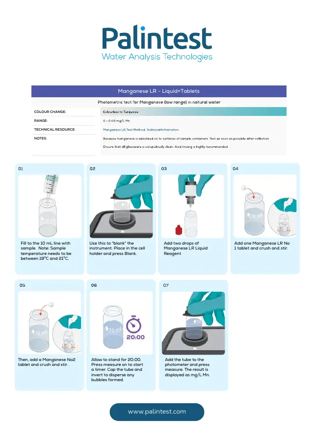 Palintest test instructions for Manganese, low range (liquid and tablets), page 1