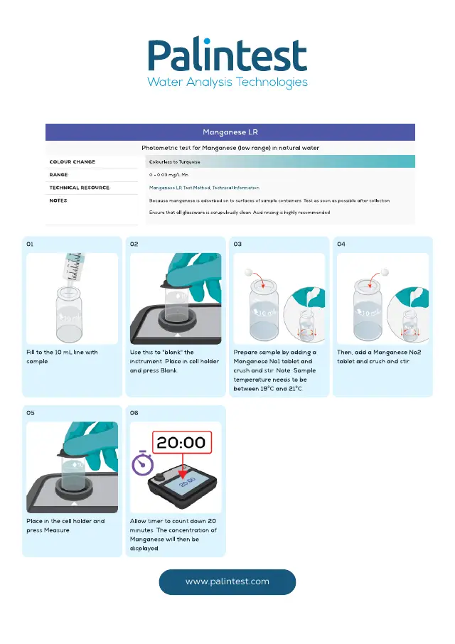Palintest test instructions for Manganese, low range, page 1