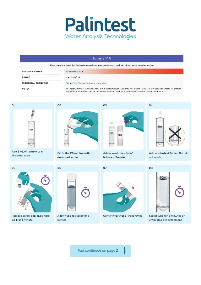 Palintest test instructions for Nitrate, medium range, page 1