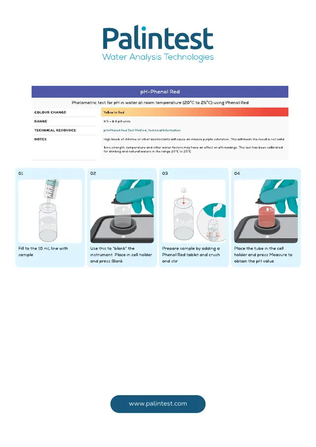 Palintest test instructions for pH, phenol red, page 1