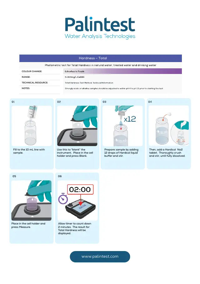 Palintest test instructions for Total hardness (Hardicol liquid), page 1